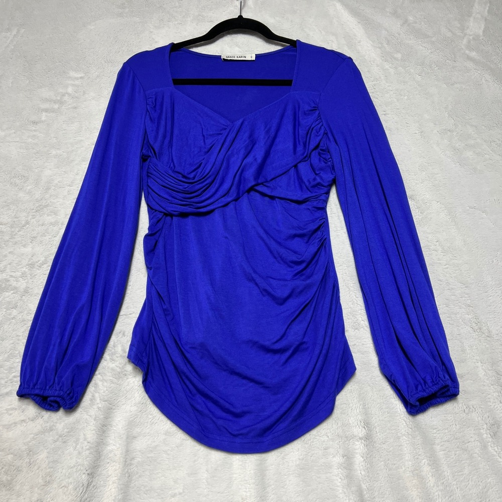 Grace Karin Ruched Long Sleeve Top Womens Medium Blue Sweetheart Neckline